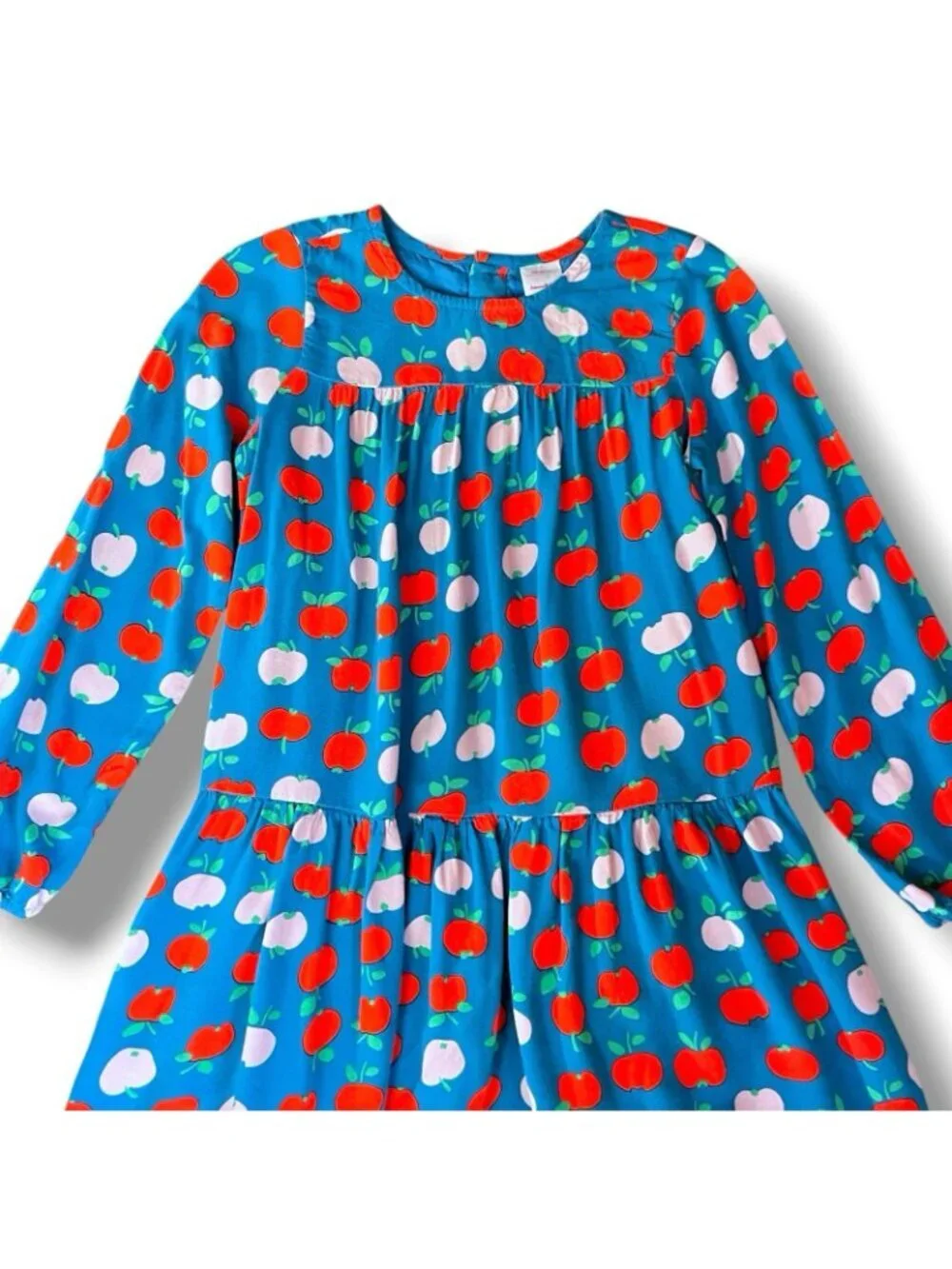 Hanna Andersson Girls Dress Sz 8 130 Blue Red Pink Apple Print Long Sleeve